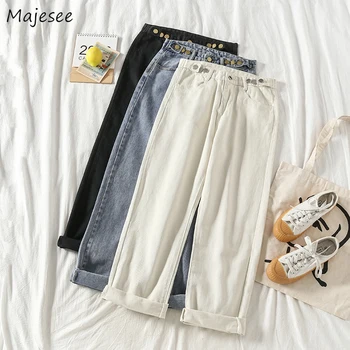 

Jeans Women Straight All-match Chic Korean Style Ulzzang Casual Pockets Buttons Vintage Female Trousers Trendy Basic Students