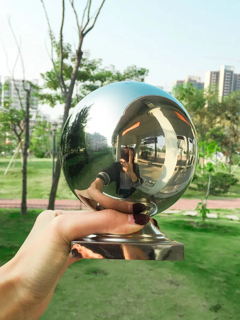 HQ Polished Stainless Steel 316 Grade Garden Outdoor Flagpole Gate Handrail Decoration Hollow Sphere Ball with Square Base