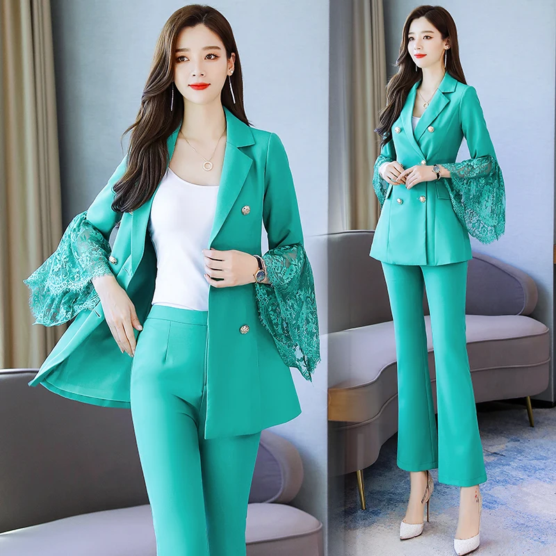 

Women Blazer Suits Spring Fashion Double Breasted Coat with Pants Office Lady Lace Sleeve Blazer Two Pieces Suit Set Long Sleeve
