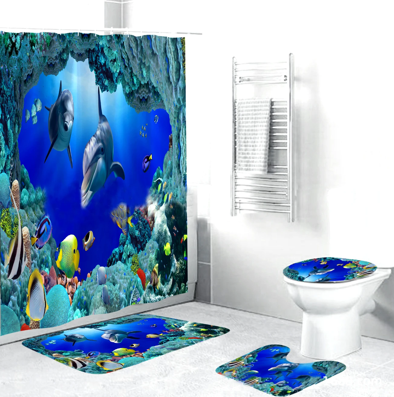 3D цифровая печать, полностью полиэстер, водонепроницаемая занавеска, подушка для унитаза, для ванной комнаты, комплект из трех предметов+ занавеска для душа - Цвет: Underwater world