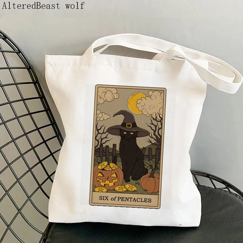 Women Shopper bag Seven of Swords Sphynx Cat Tarot Bag Harajuku Shopping Canvas Shopper Bag girl handbag Tote Shoulder Lady Bag