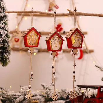 

1pc Christmas Decoration Pendants Ornaments Cute Mini Luminous Wooden Illuminated House Christmas Tree Pendant