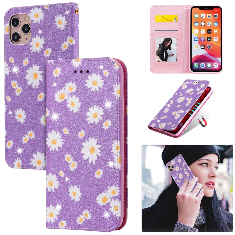 Блестящий чехол-Кошелек из искусственной кожи с цветами для iPhone 11 Pro Max X XR XS MAX 6 6s 7 8