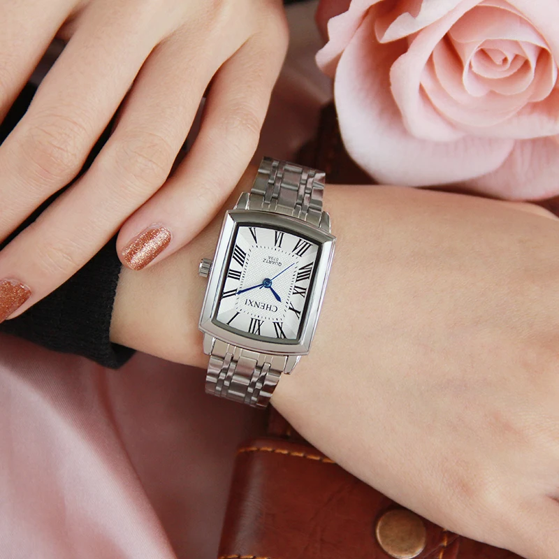 CHENXI Square Women Watch Roman Numeral Silver Stainless Steel Quartz Watches Men Lover's Lady Clock Retro Casual Couple