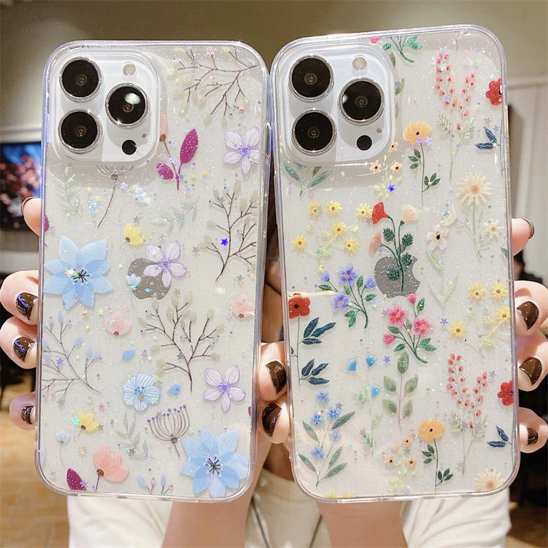 Shining Glitter Cartoon Flowers Phone Case For iphone 13 Pro Max 12 Pro Max 12 11 XS X XR 7 8 Plus Soft Shockproof Back Cover cool iphone 11 Pro Max cases