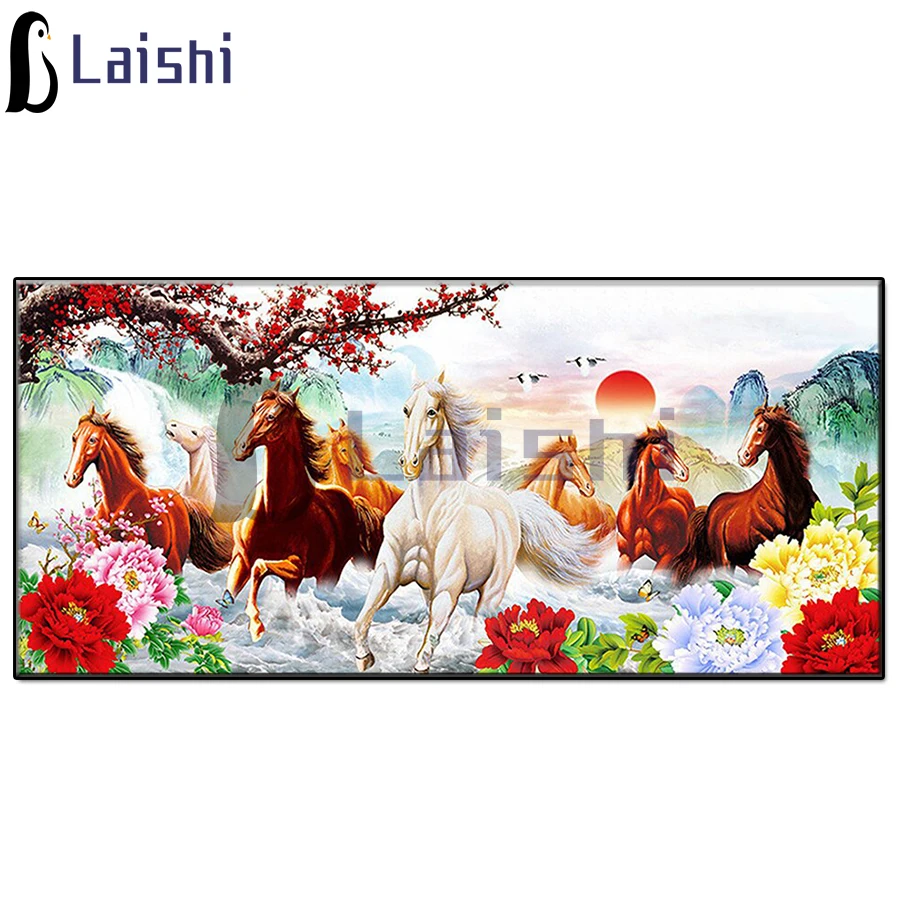 5D Diamond Painting, Full Square Drill, 8 Cavalli, Animali, Sol Levante, Ricamo Full Diamond, Mosaico Di Cristallo, Hobby