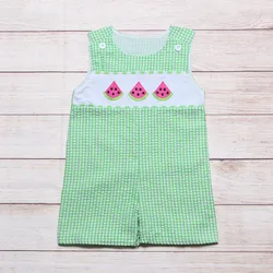 Barboteuse à carreaux vert pour garçon, vêtements d'été, sans manches, trois motifs brodés de pastèque, barboteuse pour tout petit 
