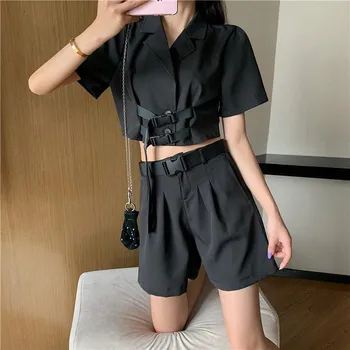 

two-piece suit Tops Shorts Slim suit Solid Color women Korean summer fashion 2020 new wide leg pants Shorts Short Blazer jacket