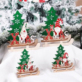 

Wooden Sled Christmas Ornaments Toy Home Wood Decoration Cartoon Old Man Snowman Elk Christmas Assembled Decor DIY House