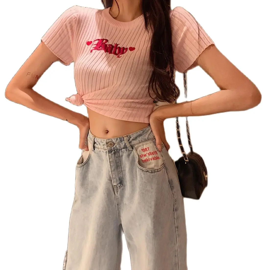 

Pengpious Printed Pockets Cotton Jeans High Waist Harem Pants Design Vintage Worn Out Washed with Holes Women Jeans