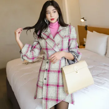 

2020 Winter Korea Vintage Color Patchwork Plaid Thick Cloth Single Breasted Irregular Woolen Coat