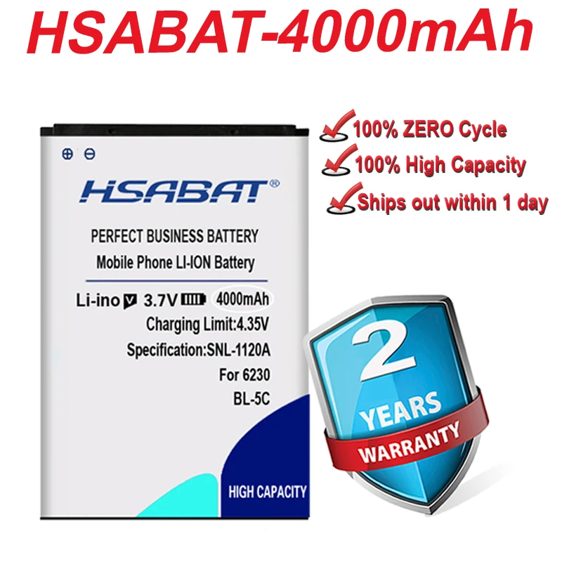 HSABAT 4000 мАч для Nokia BL-5C аккумулятор C2-01 C2-02 C2-03 C2-06 5130 XpressMusic 6230i 1108 1110 1112 1116 1200 1208 |