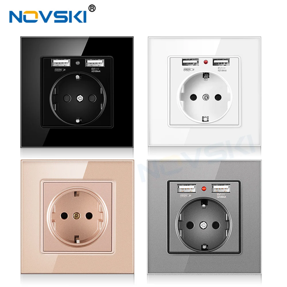 

NOVSKI Power Socket, 16A EU Standard Wall Mount with USB Mobile Phone Charging Socket, White Crystal Glass Panel Pug Grounding