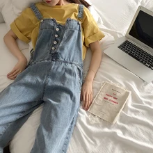 Pengpious/Летний мягкий хлопковый джинсовый комбинезон для девочек, свободные джинсы на подтяжках, длинные тонкие летние женские