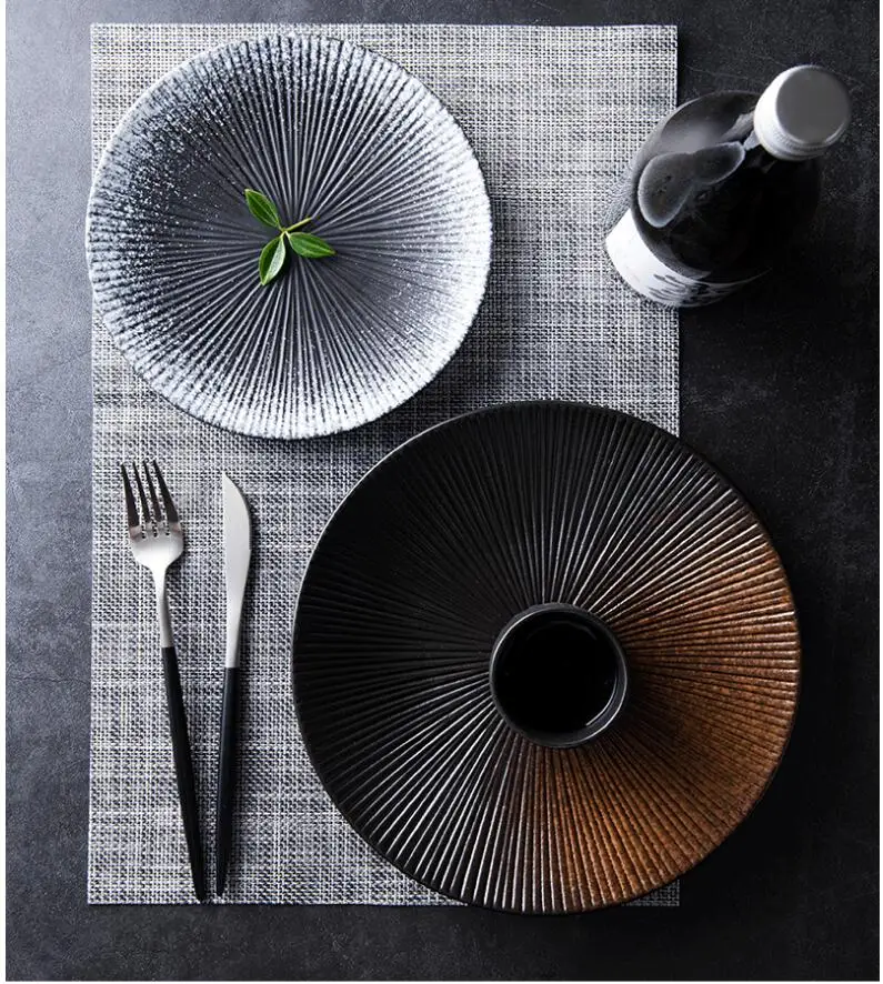 Japanese ceramic tableware Western steak dish retro striped disc rice bowl dessert salad bowl kitchen cutlery decorative plate