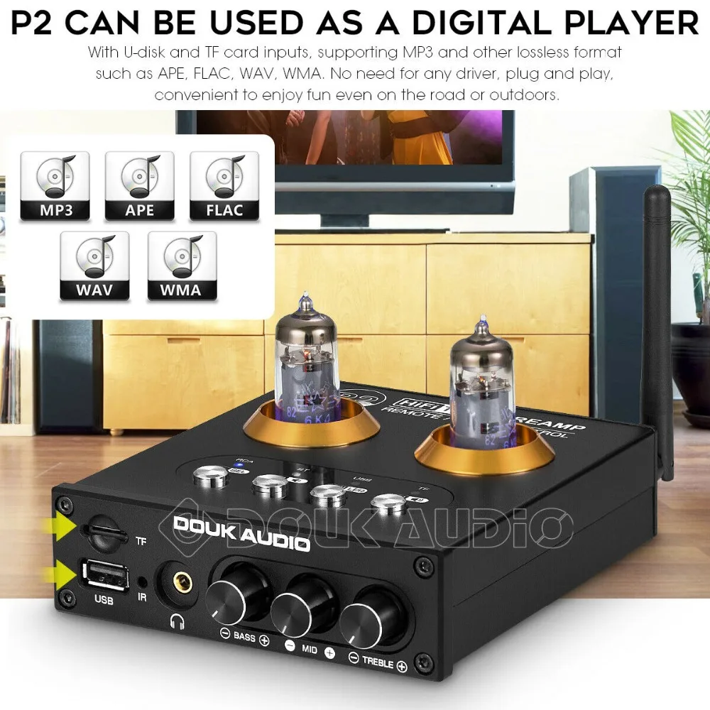 Douk Audio P2 HiFi Vacuum Tube Preamp Bluetooth 5.0 Receiver Stereo Headphone Amplifier USB Music Player