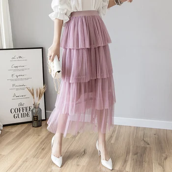 

New Style Versatile Magenta Pleated Skirt High-waisted Cake Dress Ladies' Long Skirts Skirt