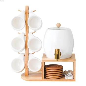 

Hanging cup type large capacity water set with copper faucet white porcelain kettle European coffee cup water bottle