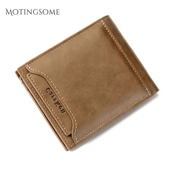

Retro Style Men Wallets and Purses Minimalist Solid Color Oil Wax Leather Short Wallet Card Holder Fashion Luxury Design 2020