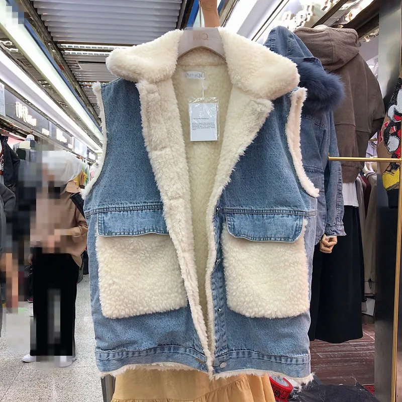 

2019 Autumn and Winter Korean Lamb Wool Stitching Denim Vest Women Middle-length Sleeveless Thick Warm Coat Kamizelka Damska