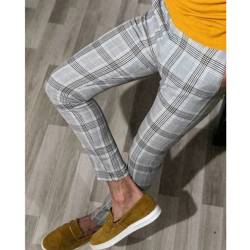 Fashion Men Formal Plaid Pants England Style Gentlemen Slim Fit Casual Long Pants Male Business Office Trousers Plus Size M-3XL