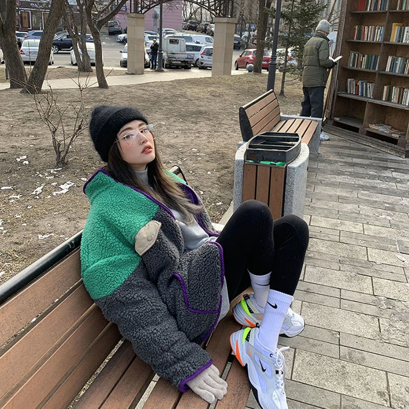 Уличная одежда, пальто из овечьей шерсти, Лоскутная Женская куртка, большие размеры, куртки с длинным рукавом, зимние теплые хлопковые куртки, женская верхняя одежда