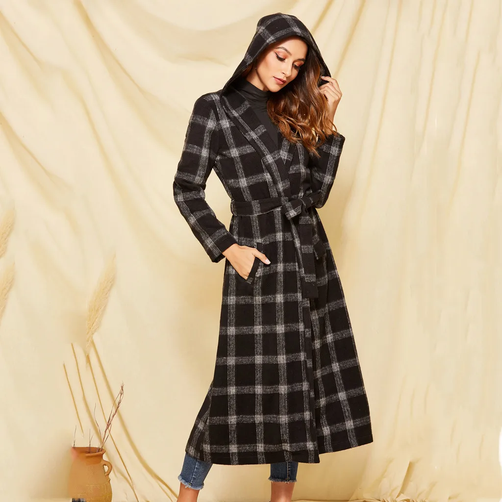 Fashion Winter Coat Women Ladies Sashes Plaid Long Cardigan Camouflage Long Sleeve Coat Outerwear Wool Coat пальто женское Z4