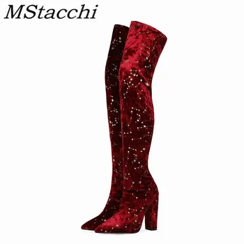 

Mstacchi Woman Starry Sky Print Flock Chunky Heels A Paint Boots Retro Ladies Pointed Toe Slender Slip On Sexy Thigh High Boots