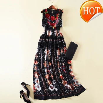 

Fashion 2020 New Designer Runway Maxi Dress Women's Sleeveless Flowers Embroidery Retro Dot Printed Patchwork Ruffles Long Dress