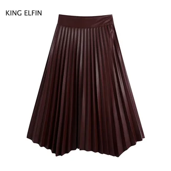 

KING ELFIN fashion Za skirt female 2020 autumn casual slim high waist faux leather pleated skirt women