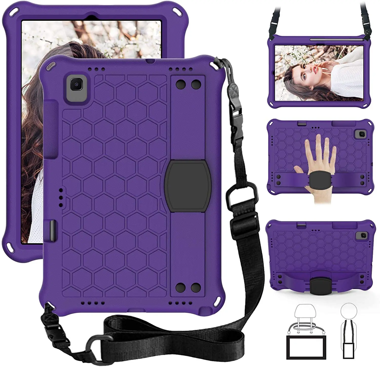 

iPad Case for iPad 7th gen Kids Case Tablet with Stand, Shoulder Strap, Hand Strap Shockproof Lightweight Silicone Cover -Pblack