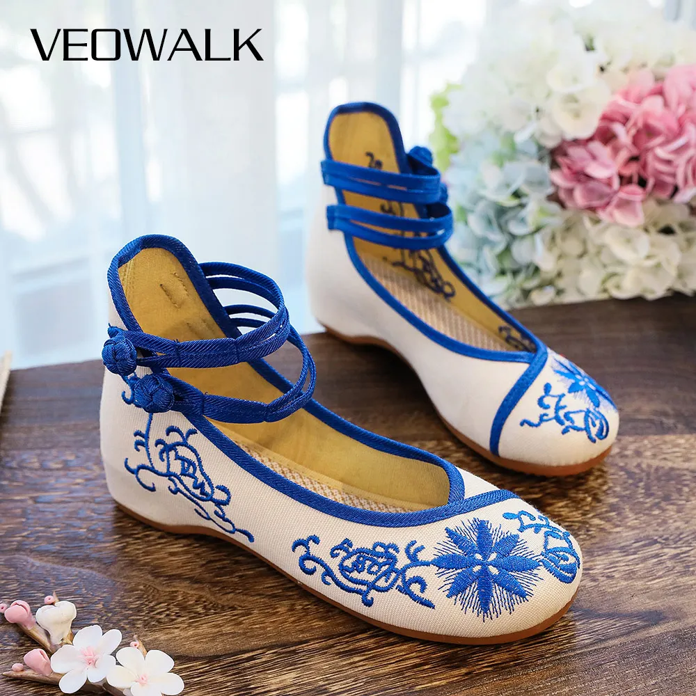 Handmade Spring Floral Embroidered Women Canvas Ballet Flats High Top Ankle Strap Vintage Ladies Casual Shoes women shoes casual shoes women flats