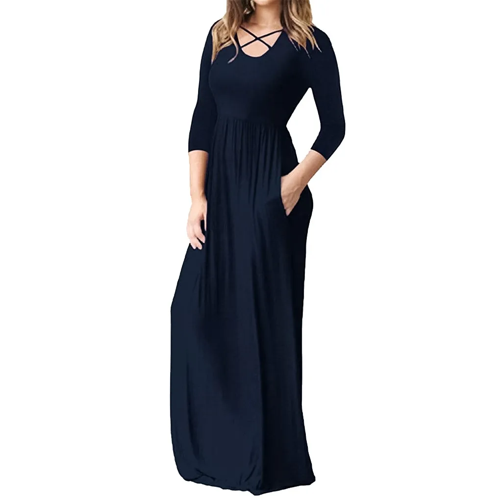 Платья женские Вечерние Платья-макси с рукавом 3/4, однотонные, Boho, однотонные, черные, макси платья для женщин с карманом, повседневные Aug