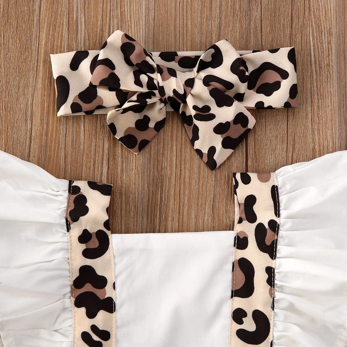 2Pcs Newborn Baby Girl Leopard Ruffles Sleeve Bodysuits Jumpsuit Headband Clothes Romper Set