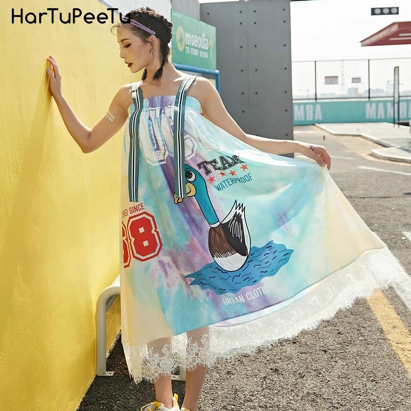 Красочные с принтом героями мультфильмов и платье комбинация миди Для женщин