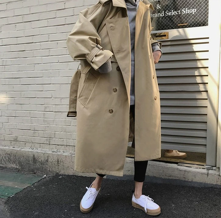 Beste Herfst Nieuwe Vrouwen Casual Trenchcoat Oversized Double Breasted Vintage Uitloper Sjerpen Chic Mantel Vrouwelijke Windjack