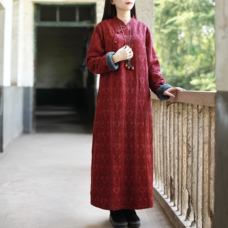 LZJN Chinese Dress Women 2019 Autumn Winter Long Sleeve Cheongsam Qipao Jacquard Fleece Lined Warm Thick Dress Robe Vestidos (11)