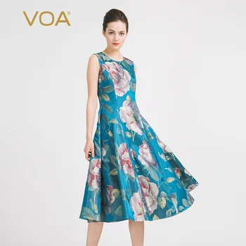

VOA Summer Sleeveless Blue Elegant Print Queen Dress 2017 Fashion New Women Plus Size Slim Luxury Vintage Ladies Dress A6928