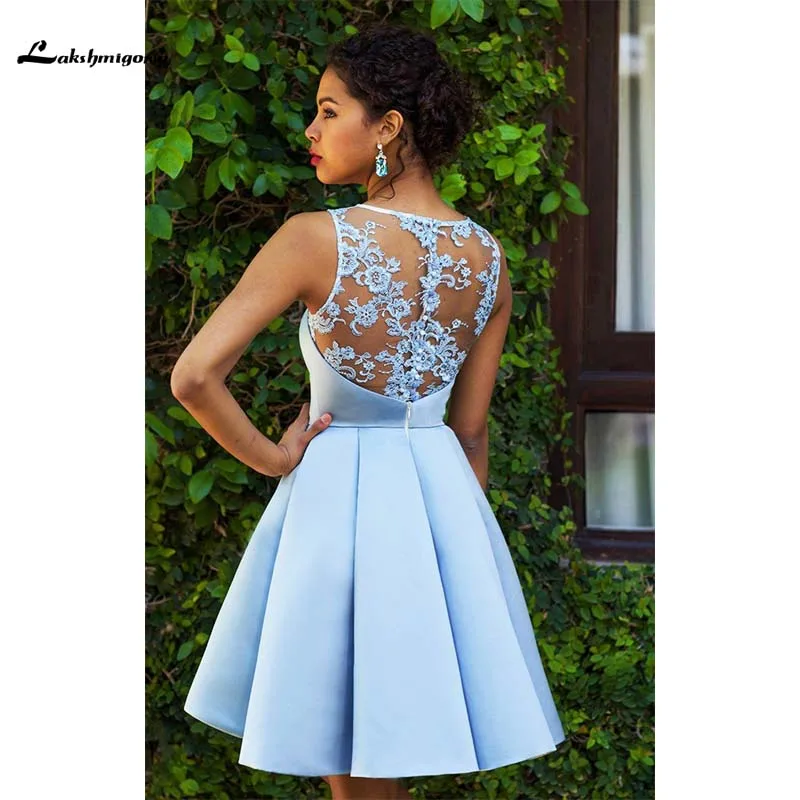 Elegant Baby Blue Short Homecoming Dresses Appliques Zipper Back A Line Sleeveless Girls Graduation Dresses Mini vestido curto