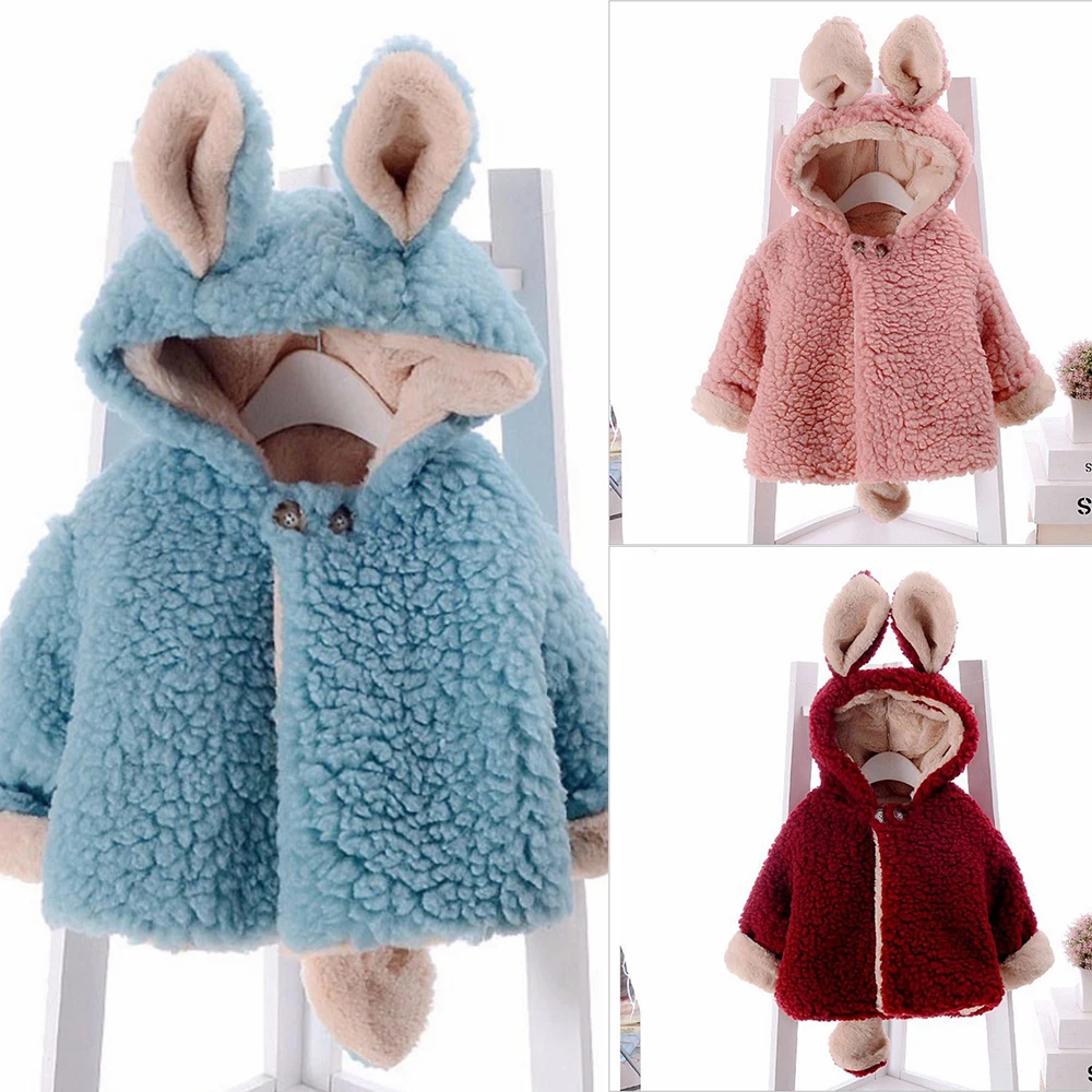 

Winter Baby's Coral Children's Wool Sweater Overcoat Fleece Plus Velvet Thickening Hooded Big Ear Girls Cloths Parkas