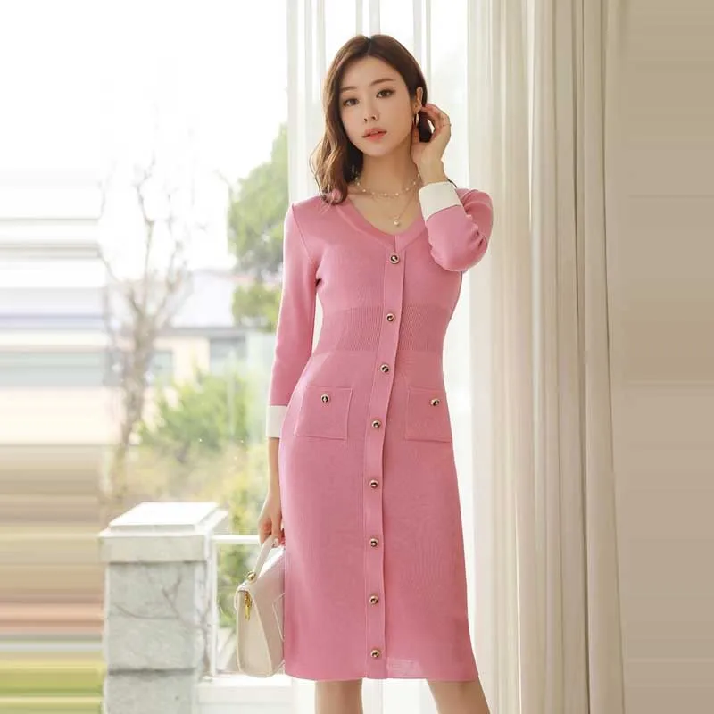 One-Piece Korean Woman Knit Dress 2020 Spring Autumn Fashion Single Breasted High Waist Slim Dresses Lady Elegant Dress Vestidos