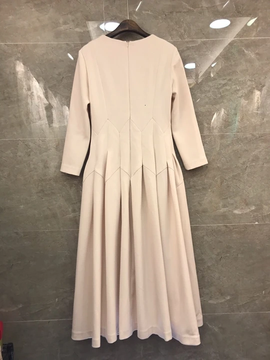 Autumn Early New V-neck Back Zipper Decorative Pleated Pure Long Sleeve Dress 1005
