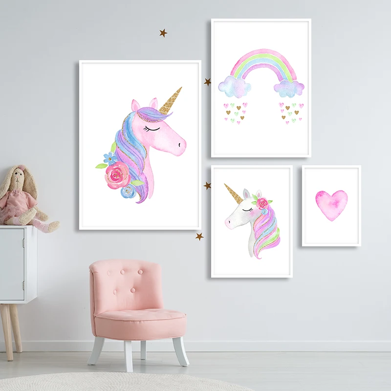 Cartone Animato Colorato Arcobaleno Unicorno Tela Poster Stile Nordico Arte Stampa Pittura Immagini Decorative Per Bambini Per Camera Da Letto Camera 