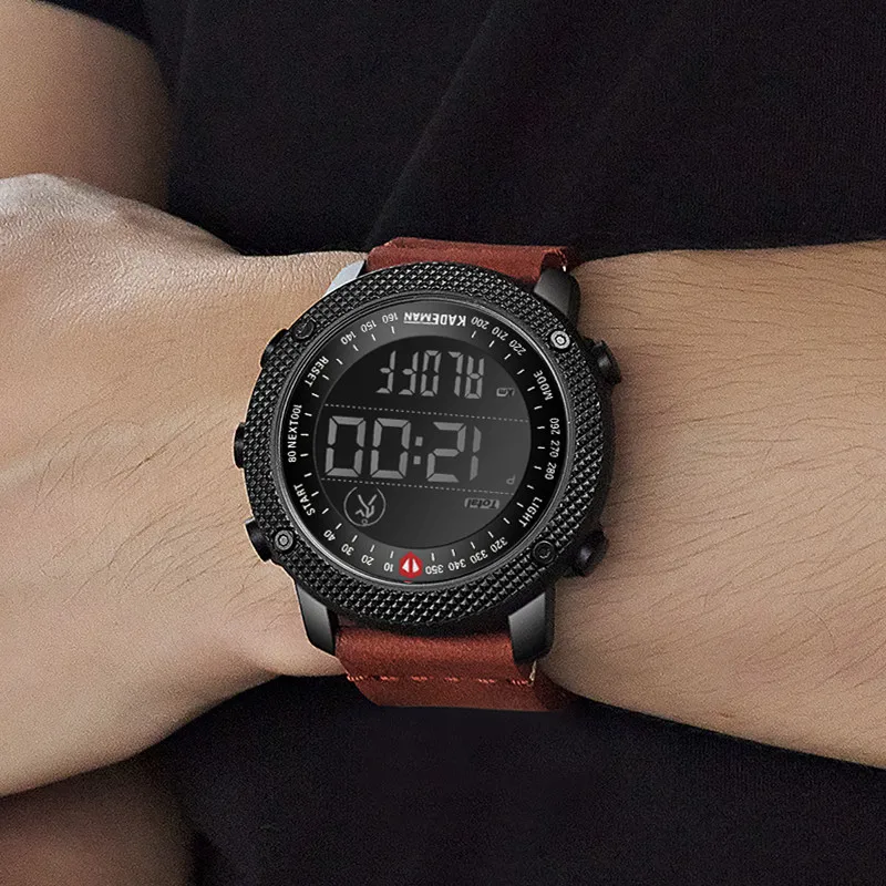 Comprar KADEMAN 2019 relojes deportivos de lujo para hombres reloj Digital LED contador de pasos 3ATM de diseñador de moda relojes de pulsera de cuero Casual reloj