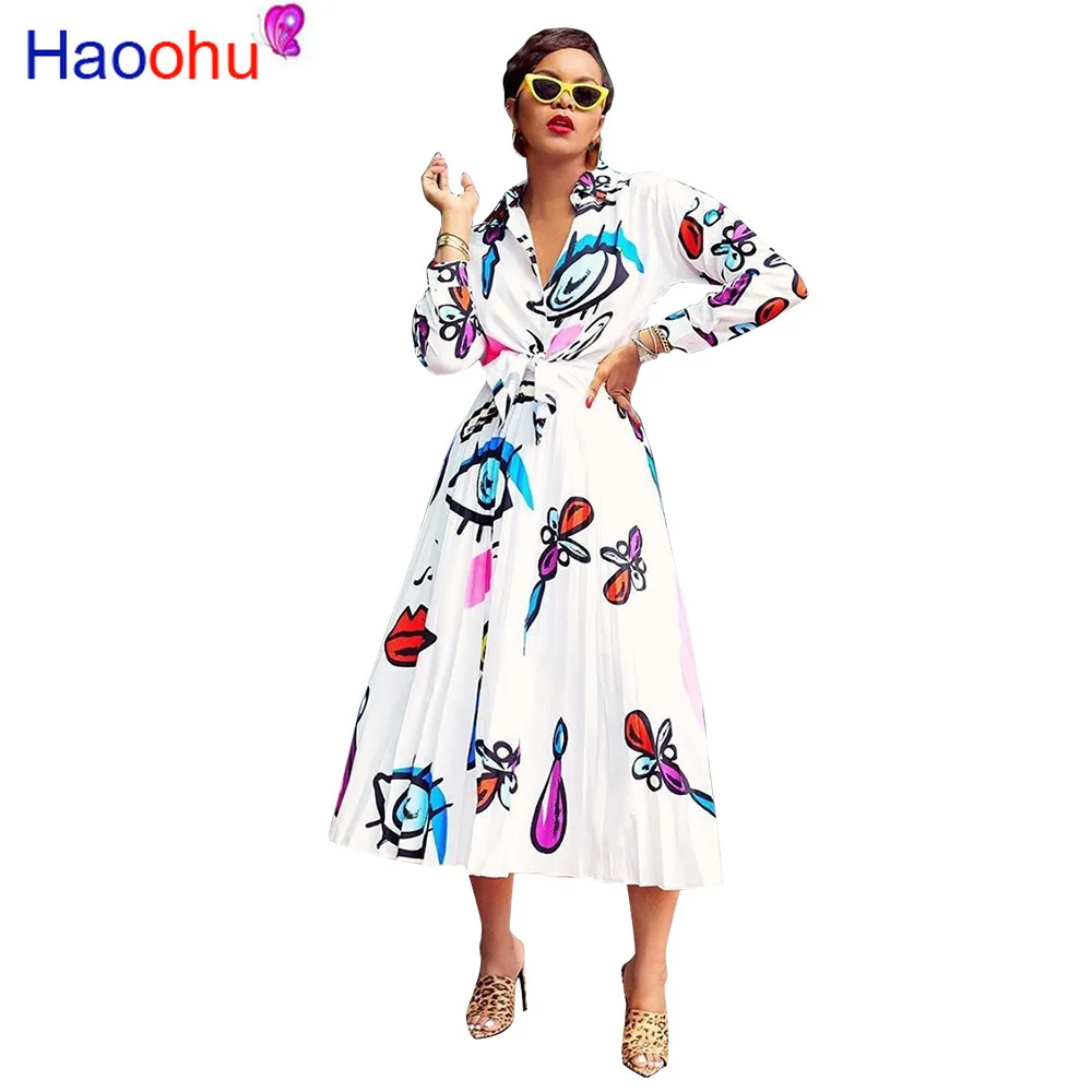 

2019 Women summer cartoon print long sleeve blouses high waist pleated mid calf shirt suit two piece set vintage dress