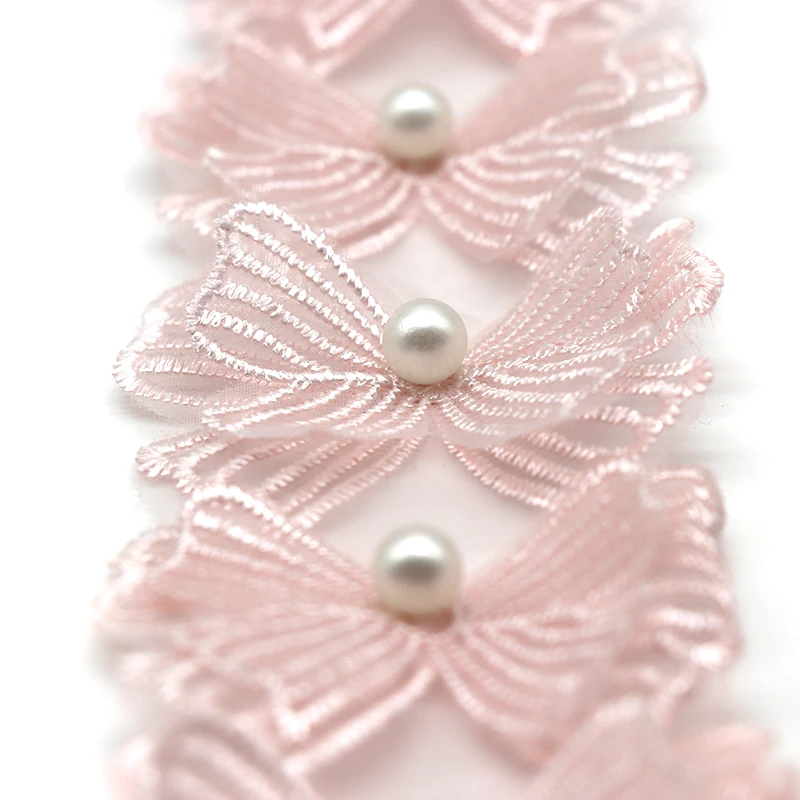 H804 Pearl Bow Flower Organza Lace Trim trimmings Knitting Wedding Lace Embroidered DIY Patchwork Ribbon Sewing Supplies Craft lace fabric,lace ribbon,lace garment accessories,sewing patches,lace sewing supplies,lace accessories,lace sewing accessories,lace decoration