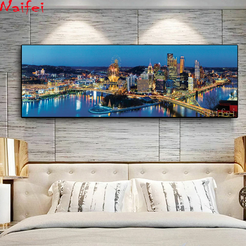 5D Diamond Painting City Bridge Night Landscape Full Drill Square Round Lake Embroidery Cross Stitch Home Decoration Diamond Art