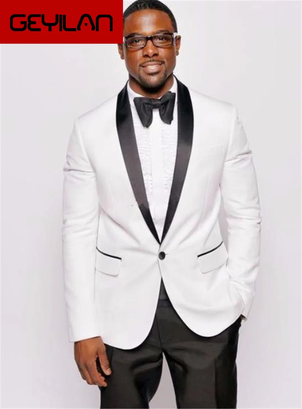 

Slim Tuxedo Suit Jacket In White and Black Contrast Lapel One Button Fashion Men Suits (Jacket+Pants)