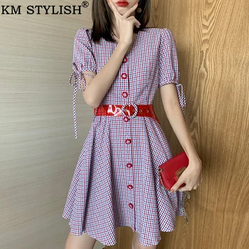 

[IN STOCK] Summer New Women's Clothes Plaid Dress Casual Short Sleeves V-neck Single-Breasted Purple Pleated Dress with Red Belt