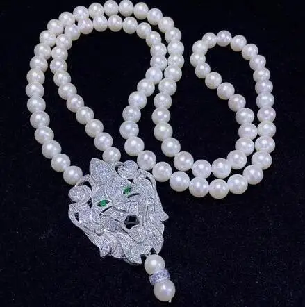 

Hot sell new 8-9mm natural white freshwater pearl necklace zircon accessories lion head pendant 75cm long fashion jewelry